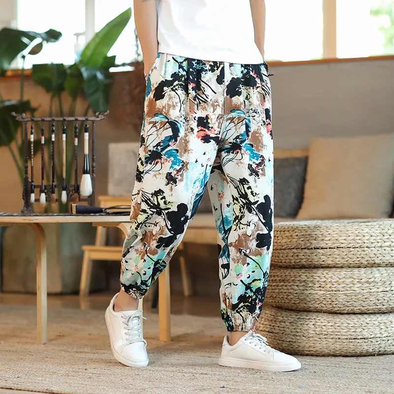 Męskie spodnie haremowe z nadrukiem 2023, nowe bawełniane lniane spodnie ze sznurkiem Streetwear Hip Hop Fitting Jogging Loose Casual Wide Leg Pants