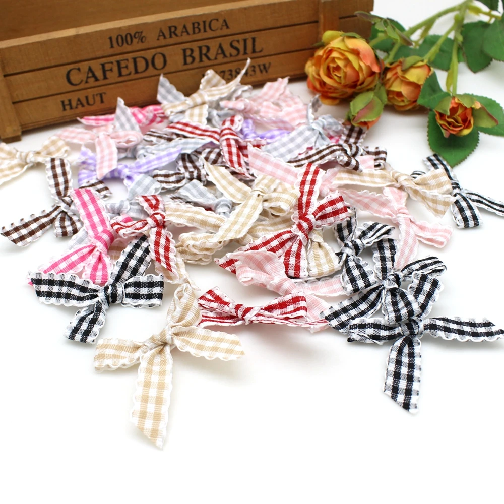 50Pcs Gingham Checked Ribbon Bows 50MM DIY Decoration Accessories Handmade Gold Sliver Satin Ribbon Flower For Gift Crafts