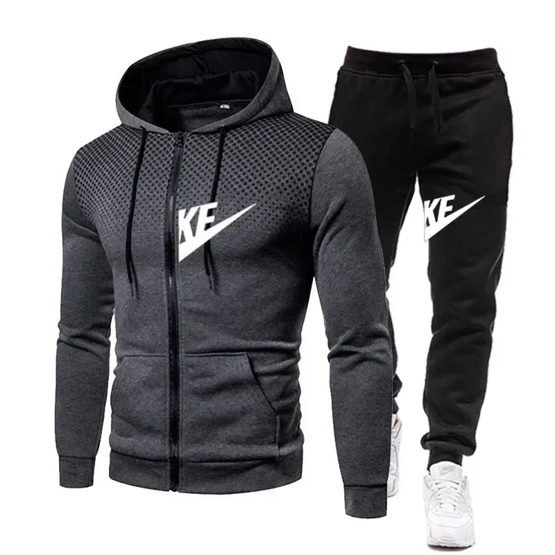Autumn Winter Zipper Hooded Sweatshirt Long Pants Set Men New Fashion Casual Outdoor Fitness Two Piece Tracksuit Sportswear Clot