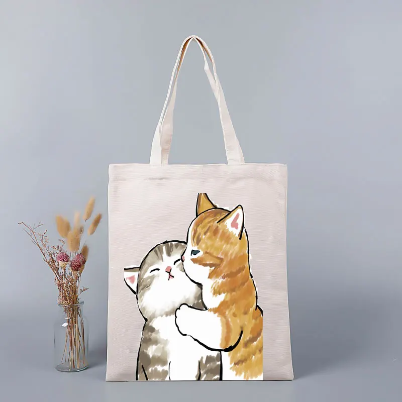 Kiss Cat Print Japanese Harajuku Kawaii Shoulder Large Bag Casual Bag Summer Fashion Canvas Beach Bags Cute Cartoon Shopper Bag