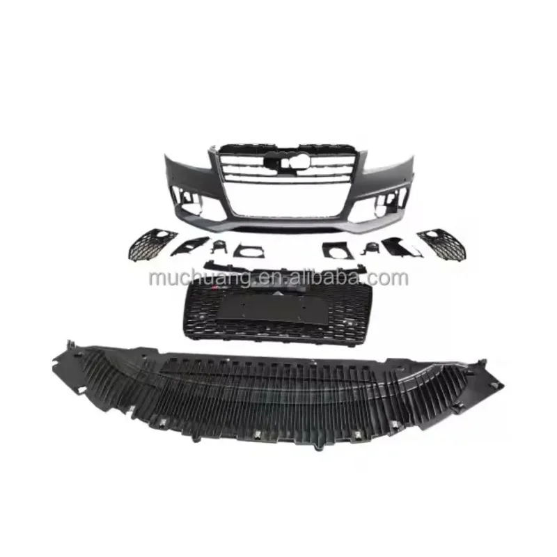 

RS8 Style Bumper Assembly for A8 2014-2018 Front Fiberglass Bumper Grille Rear Bumper Cut-Outs for Fog Lights Used