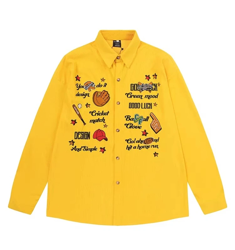 Spring and Autumn New American Retro Style Letter Embroidery Yellow Corduroy Long Sleeve Shirt Men's Loose Casual Beige Shirt