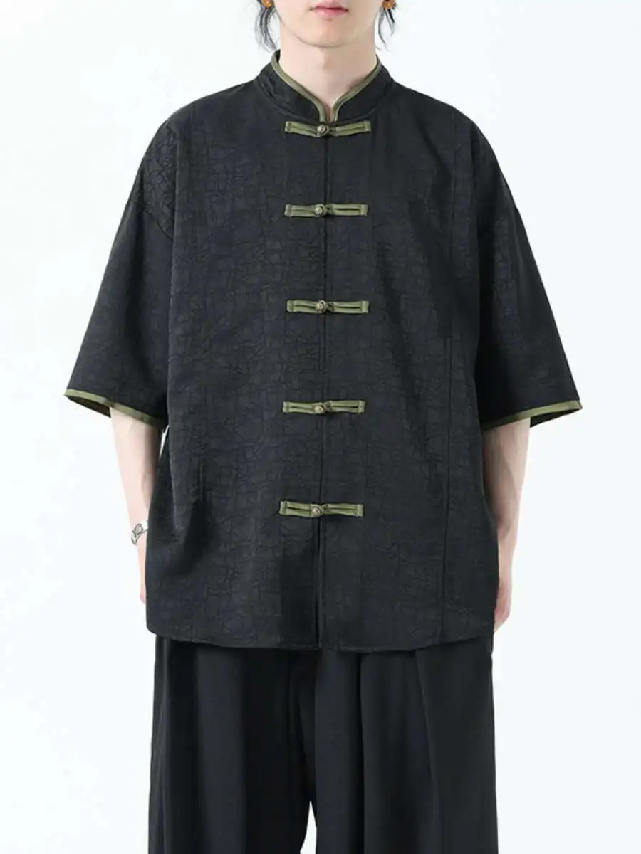 

New Chinese Sle Casual ort Sve irt Summer Floral Embroidery Button Stand Collar Tang Hanfu Semi Traditional Men's Cl...