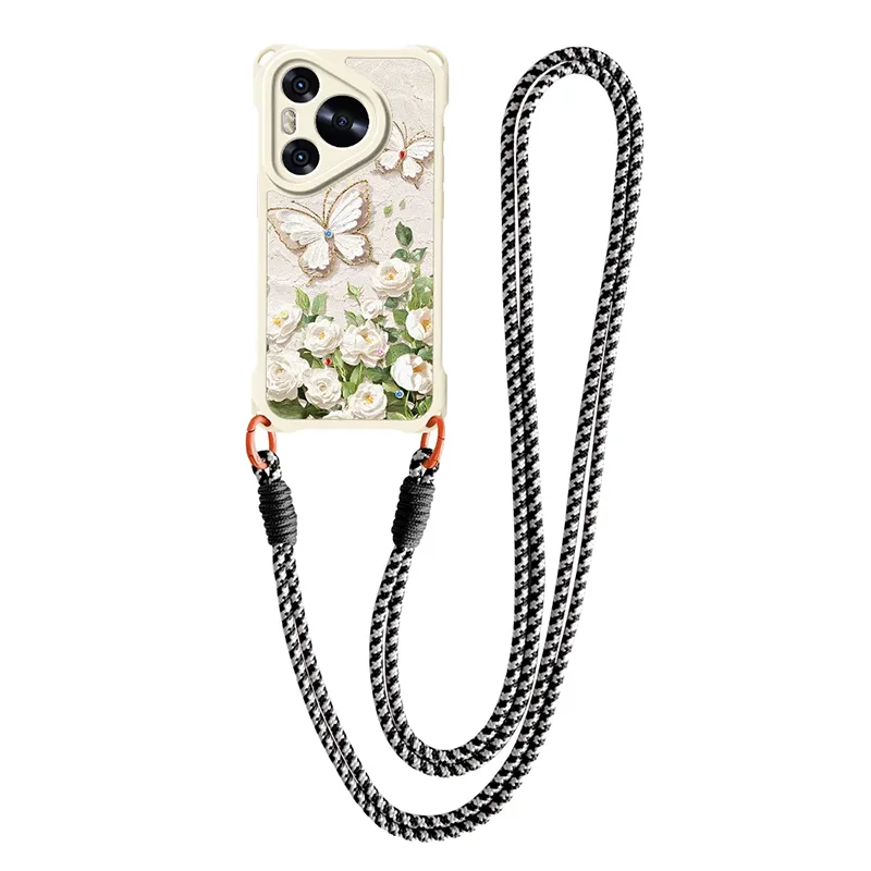 Crossbody Lanyard Phone Case For Huawei Pura 70 Pro/70Ultra/ P60 Pro/Mate60 Pro Soft Cases Cute Butterfly Flower Painting Cover