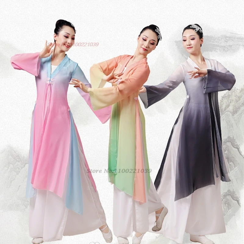2025 중국 빈티지 댄스 의상 그라데이션 색상 쉬폰 한푸 상의+하의 세트 전통 훈련 무대 공연 민속 의상