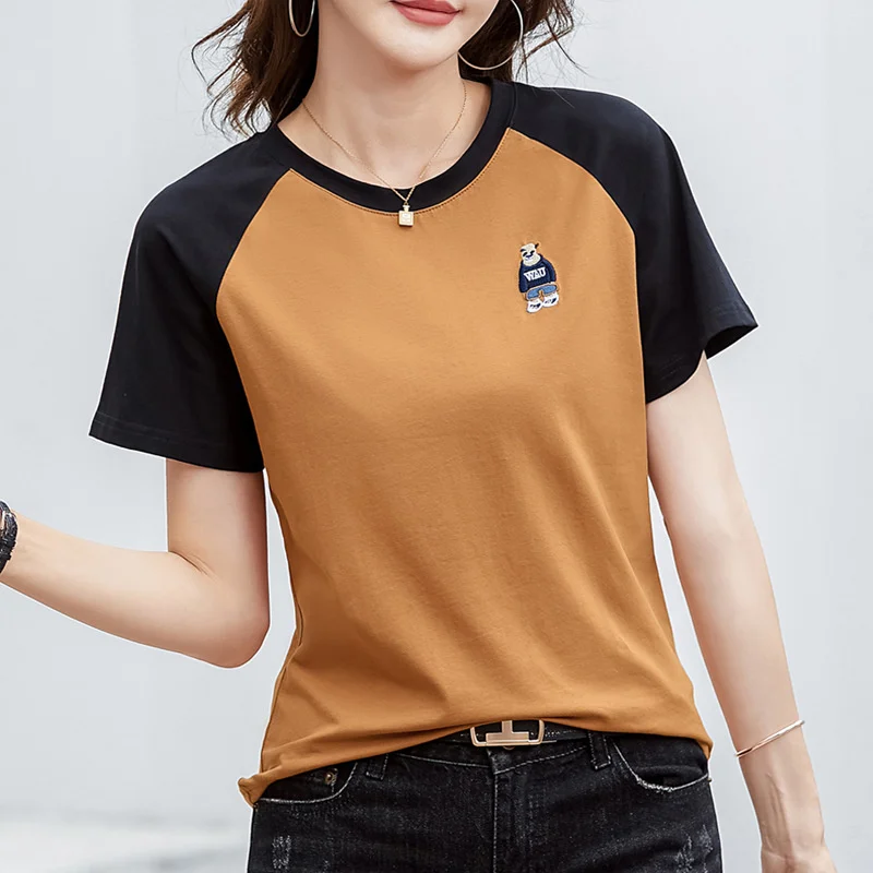 #0259 Spliced Color Short Sleeve T Shirt Women Slim Embroidery Bear Cotton Elegant Womens Tshirt O-neck Office T-shirt Summer