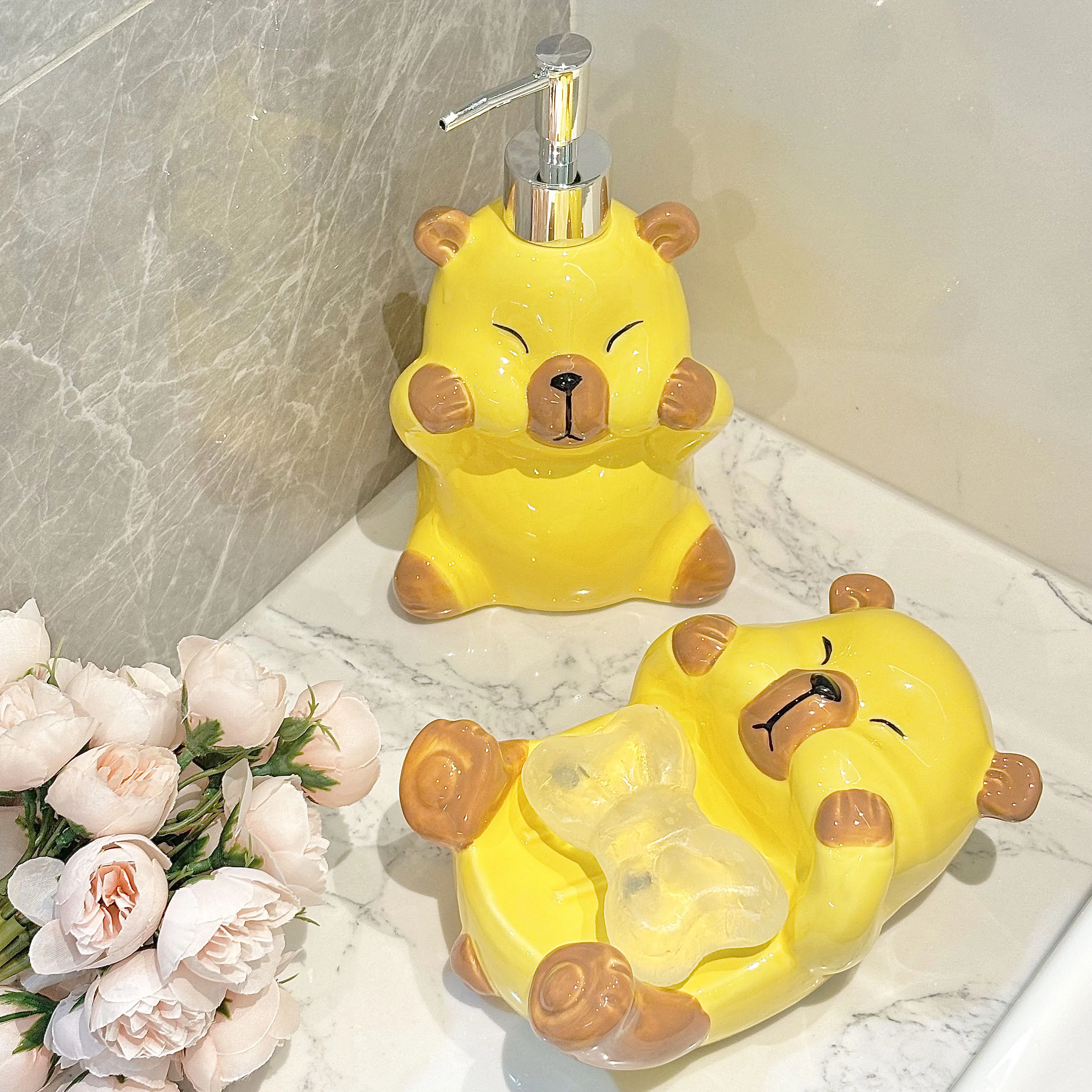 WHYOU-Cute Catoon Liquid Soap Dispenser, Lotion Bottle, Emulsion, Latex Hand Wish Bottles, Light Luxury Bathroom Accessories Set
