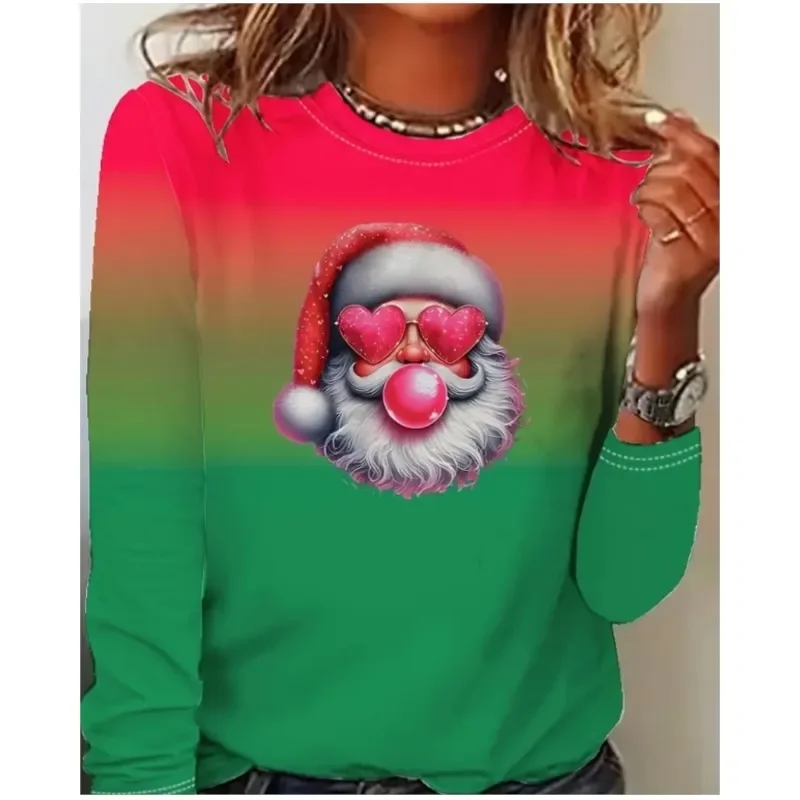 

Autumn Women's Christmas Printed Patterns T Shirts Cute Sweet Long Sleeve Round Neck T-shirt Street Comfort T-shirt Women's 2024