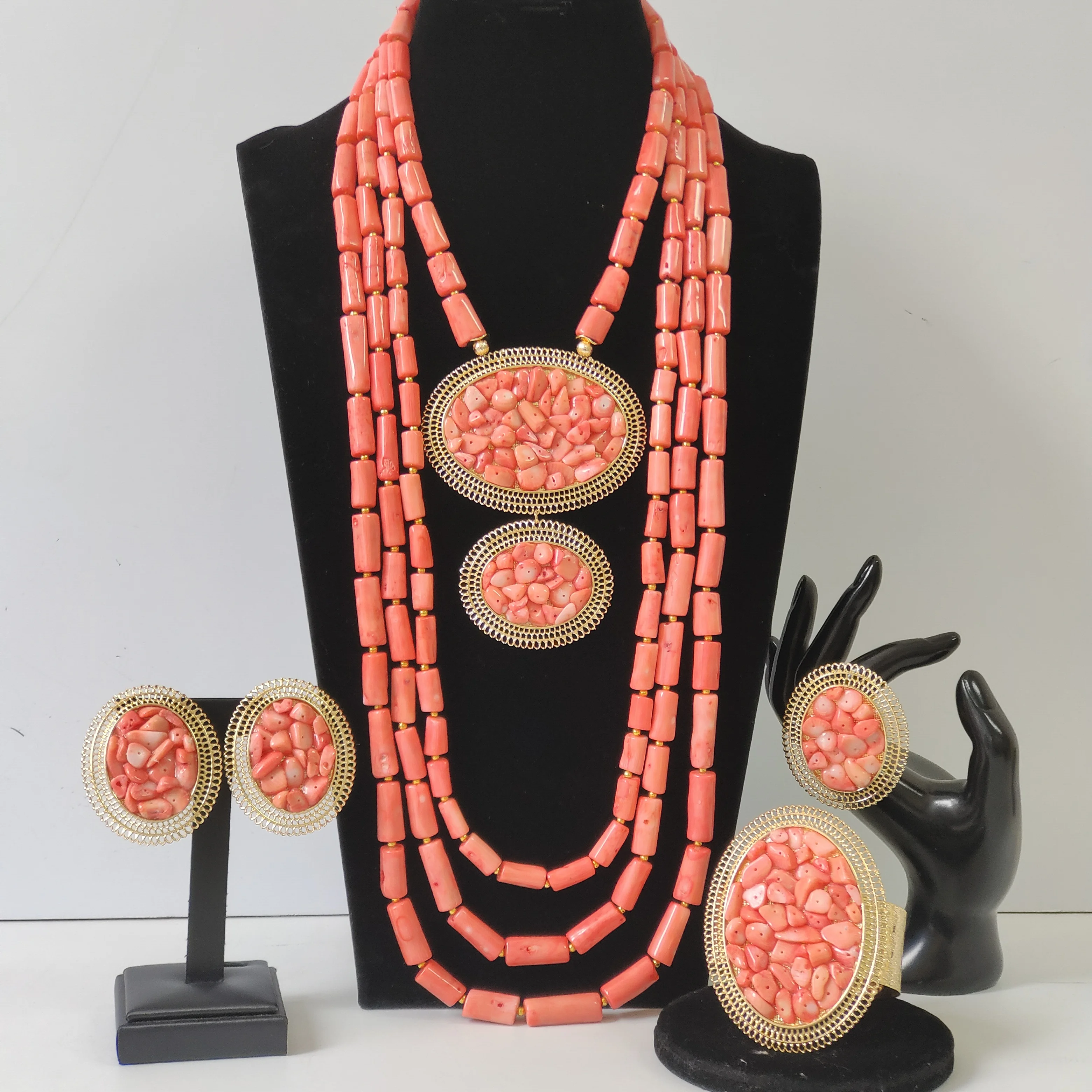 Amazing Original Pink Nigerian Coral Beads African Wedding Jewelry Set for Woman