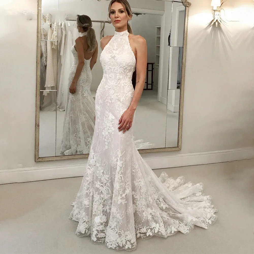 Lace Wedding Dresses Halter Neck Open Back Mermaid Bridal Gowns Long Train Sexy Backless Lace Appliques Bride Vestido De Noiva