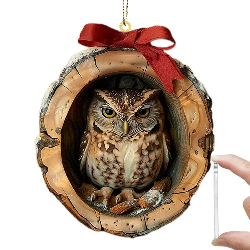 2D Cute Owl Christmas Ornament Animal Christmas Acrylic Pendant Hanging Gift Tree Tags Car Rearview Mirror Hanging Decoration
