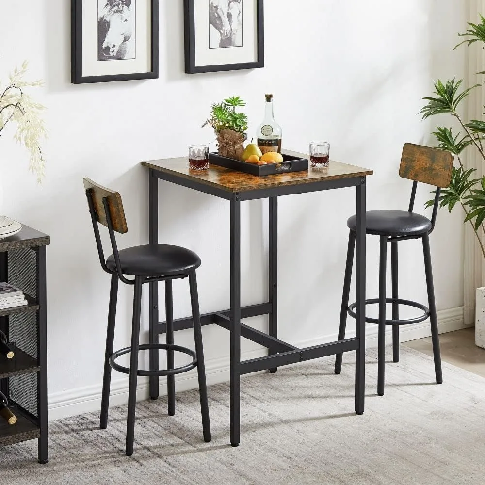 

Table Set for 2 with 2 PU Upholstered Stools, Bistro Dining Table and Stools with Backrest, Counter Height Bar Table