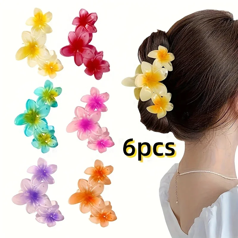 6Pcs 우아한 꽃 헤어 클립 플라스틱 대형 그라데이션 꽃 헤어 클립 헤어 롤빵에 적합 포니 테일 매일 착용에 적합