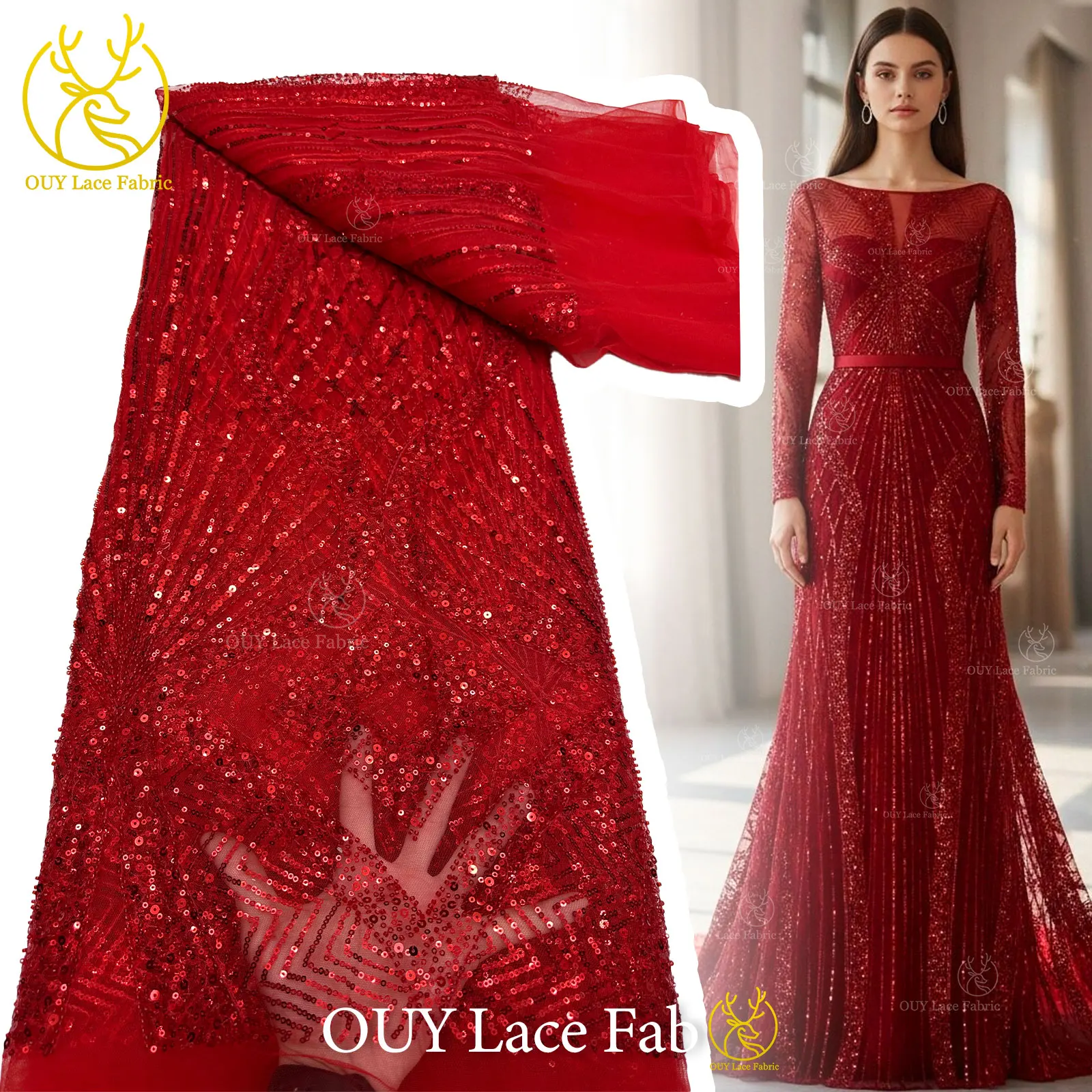 

Красное африканское нигерийское модное кружево с бисером 2026: Элитная французская сетчатая ткань с пайетками для женских вечерних платьев