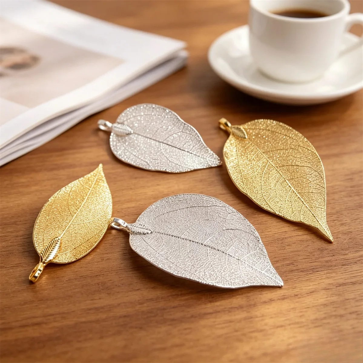 Natural Real Gold Plated Leaf Anti-Tarnish Silver Wrapped Leaf Charms for DIY Hairpin Necklace Earring Jewelry Findings