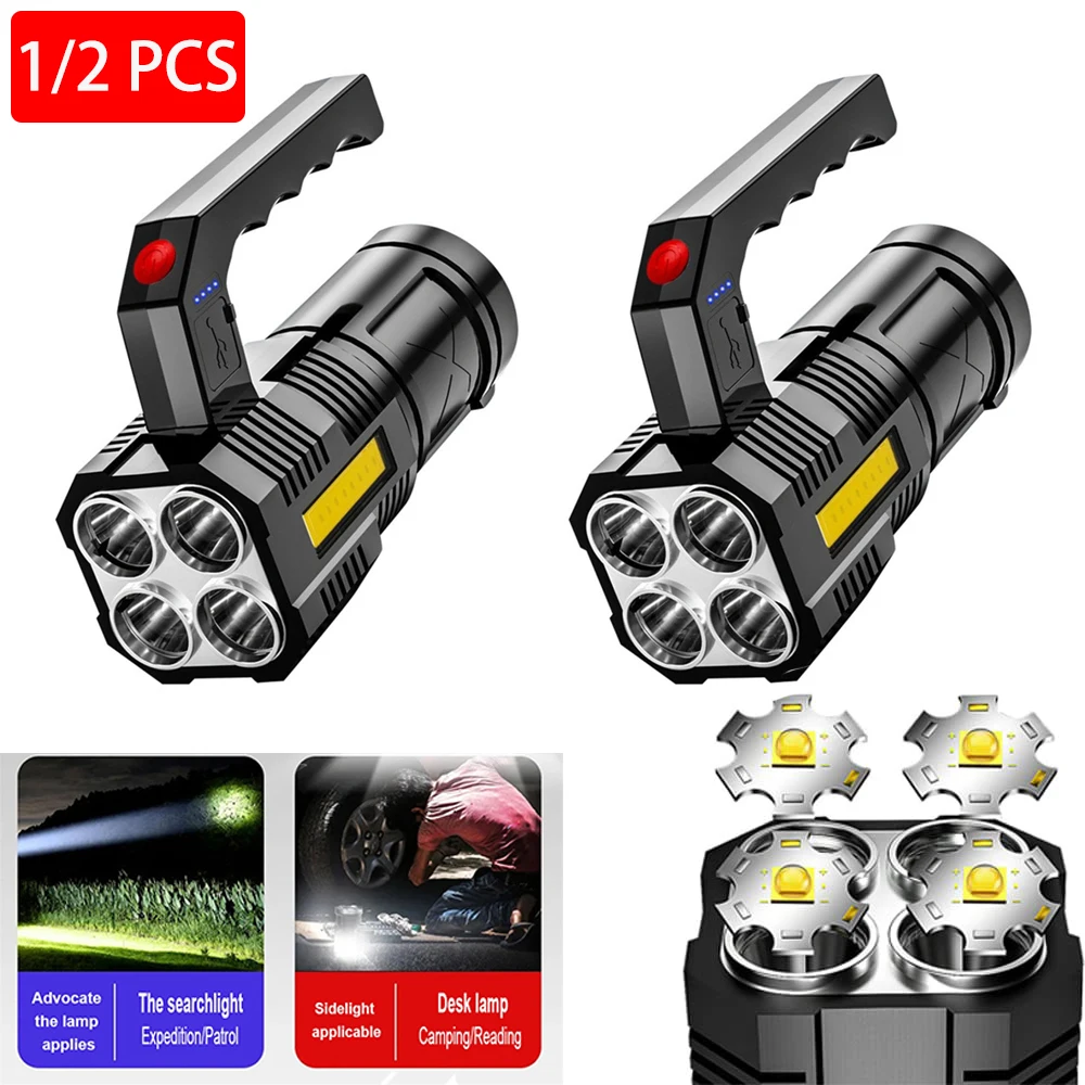 

1/2Pcs LED Super LED Flashlights Rechargeable Camping Spotlight with Side Light, 4 Lighting Modes for Camping Adventure Outdoor