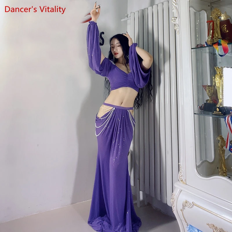 Belly Dance เสื้อผ้าสำหรับผู้หญิงตาข่ายไข่มุกด้านบน + กระโปรง2Pcs สาว Oriental เครื่องแต่งกายชุดหญิงฝึกสวมใส่เครื่องแต่งกาย