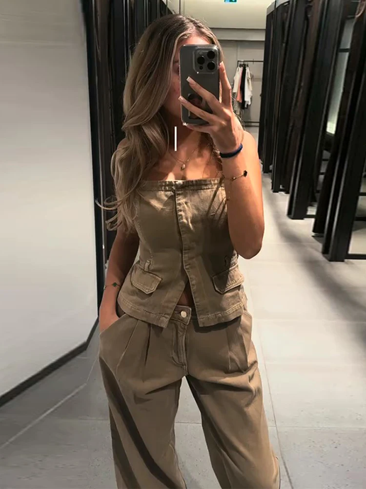 Y2k Women's Chest Wrap Vest Pant Suit 2026 Slim Sleeveless Cowboy Top High Waist Button Jeans Female Sets Fashion Solid Lady Set view 3