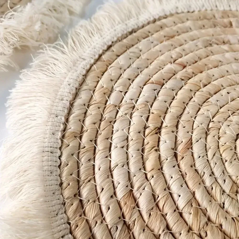 Boho Straw Woven Tray Wall Decor Macrame Round Basket Straw Wall Hangings Non Slip Heat Resistant Woven Coaster Placemat
