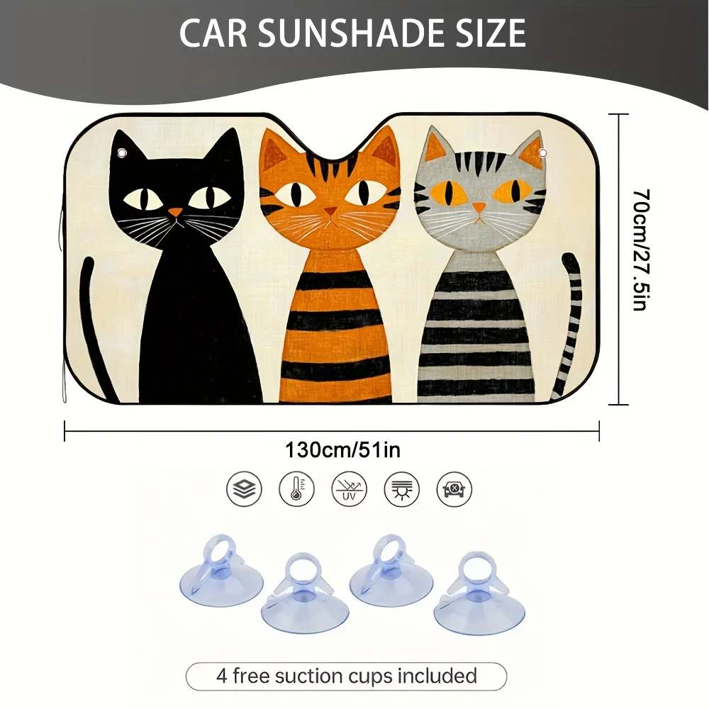 1pc Striped Cat Trio Sunshade For Cars, Ideal For Warm Weather And Everyday Short Journeys, Offering Efficient