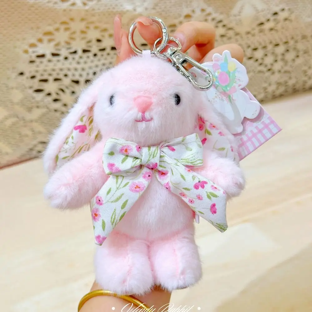 Flower Bowknot Plush Rabbit Keychain Soft Cute Bag Hanging Pendant Plush Stuffed Cartoon Car Key Pendant Gifts