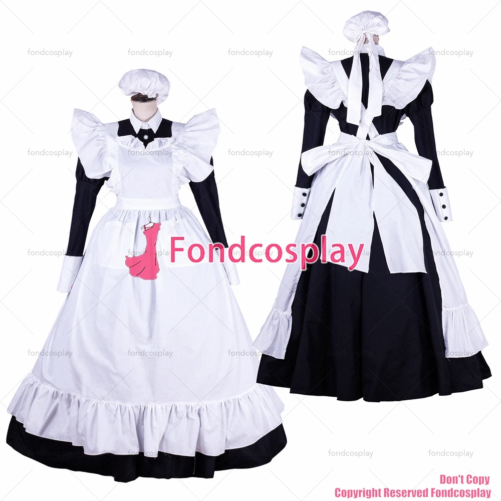 fondcosplay adult sexy cross dressing sissy maid long lockable black Cotton dress Uniform white apron costume CD/TV[G1753]