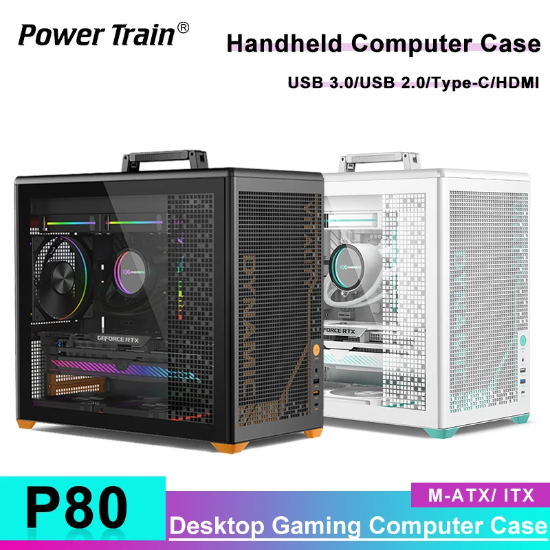 

Power Train P80 Handheld MATX Chassis Side Tempered Glass ITX Desktop 240 Water-cooled Gaming Computer Case Black Host Housing