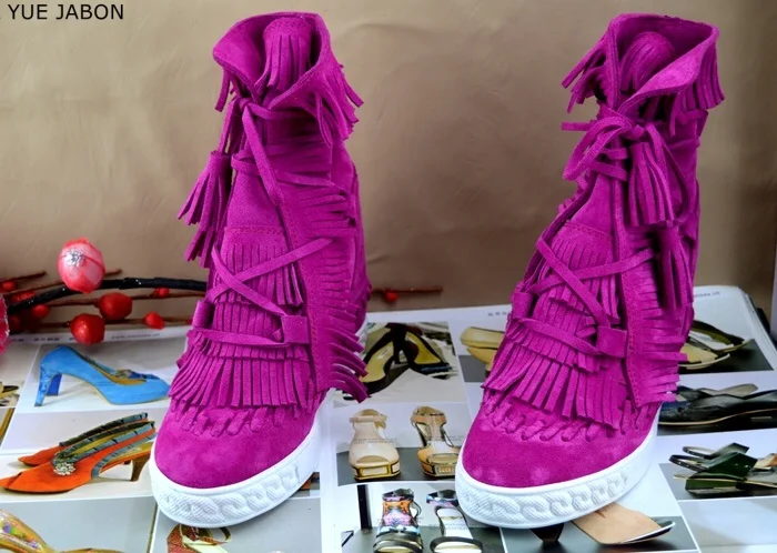 

Real Photos Fringe Wedges Cow Suede Real Leather Boots Lace Up Shoes for Women Cross Tied Ankle Boots Fashion Zapatillas Mujer