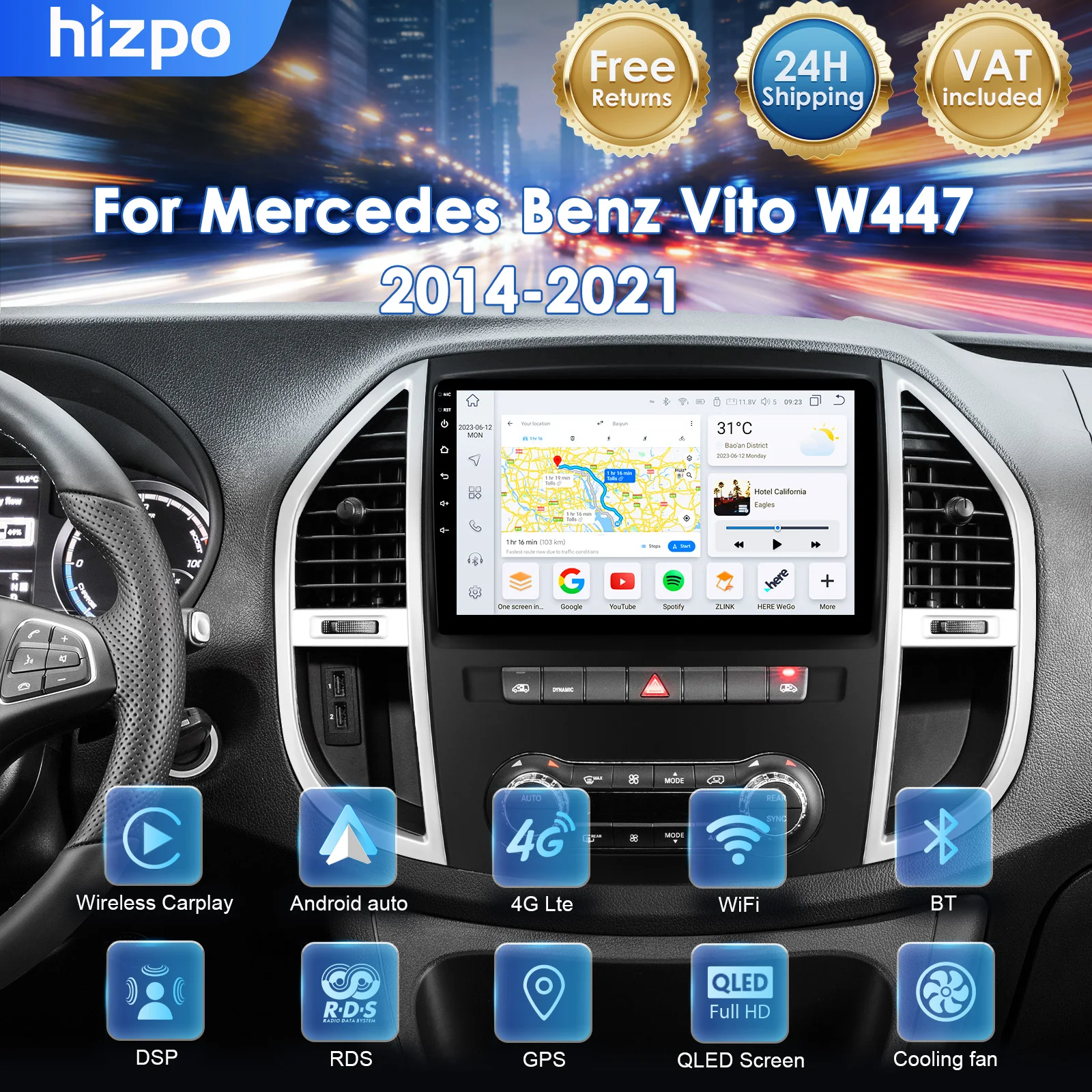 Hizpo 2 DIN Android 14 per Mercedes Benz Vito 3 W447 2014-2021, Schermo QLED, Autoradio Multimediale, Lettore Video, Stereo 4G, CarPlay, Unità di Controllo WIFI, RDS, BT