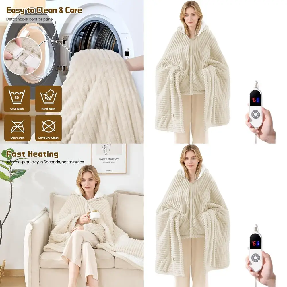 

Wearable Electric Blanket with Hood and Pockets, 6 Heating Levels, 12-Hour Timer, Machine Washable (40x70, Beige)