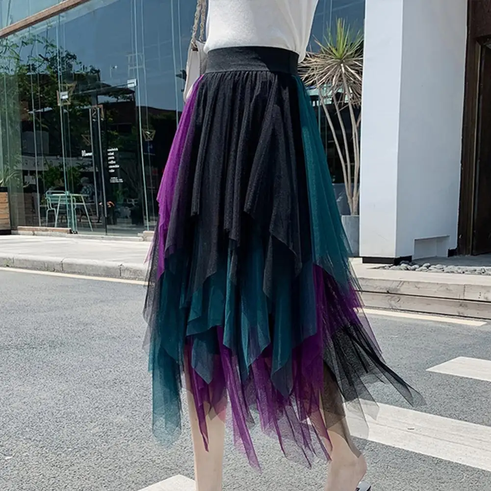 

Women Skirt High Elastic Waist Irregular Colorful Mesh Multi-layered Skirt Soft Mid-calf Length Pleated Lady Midi Skirt 미니스커트