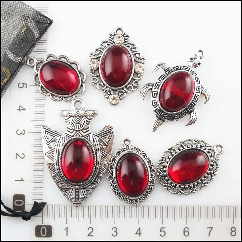 Fashion New Clover Shield Animal Tortoise Oval Charms 13x18mm Red Glaze Tibetan Silver Plated Pendants Retro