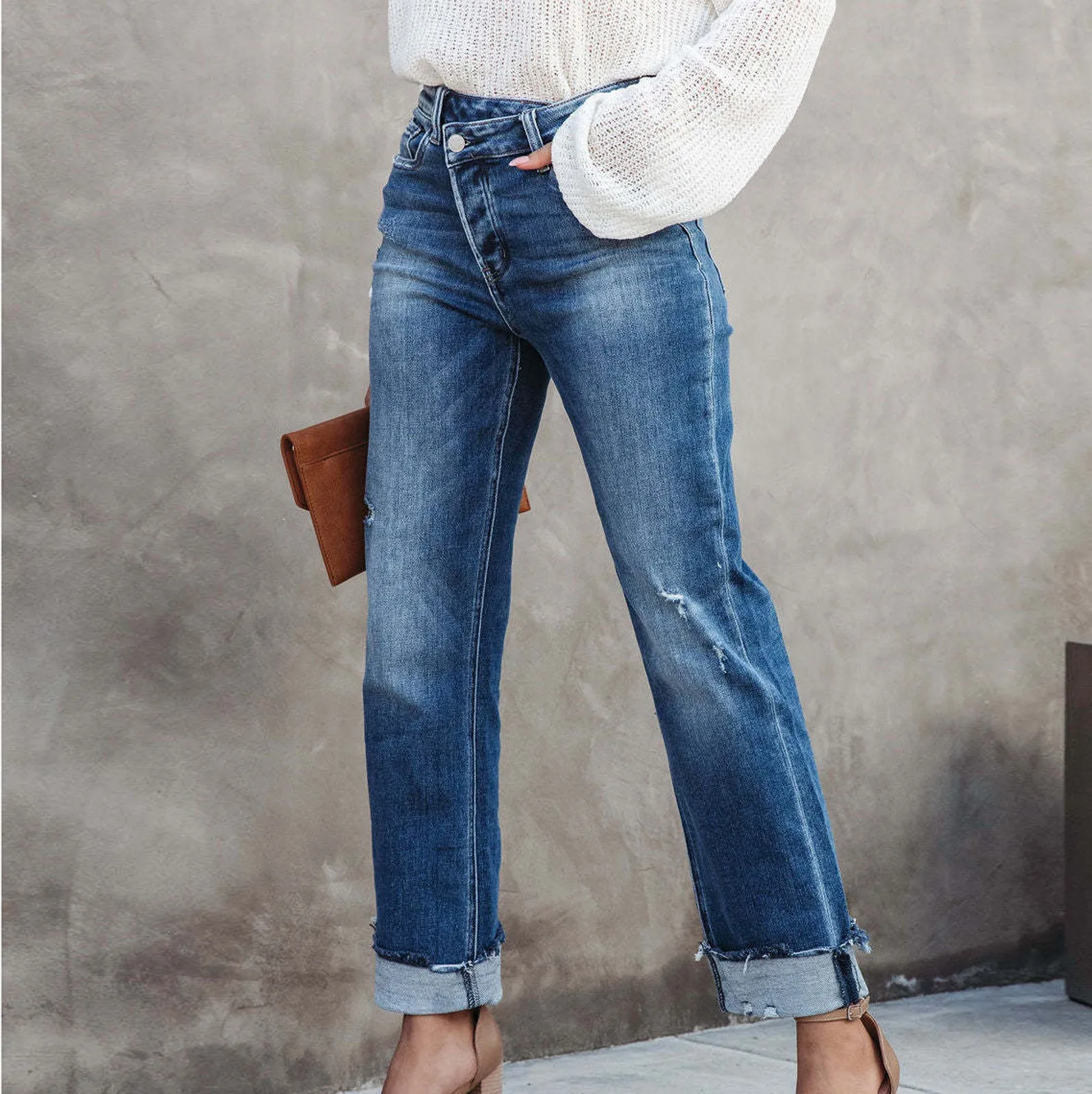 2023 nuovi Jeans Casual larghi da donna lavaggio tasche con bottoni pantaloni eleganti in Denim a vita alta Abrade