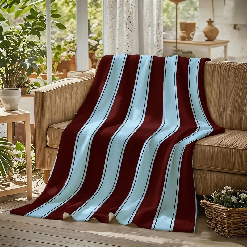 Burgundy Blue Stripes Flannel Blanket Perfect for Sofa Office Bed Travel Sleep Read Relax Camping Four Season Use