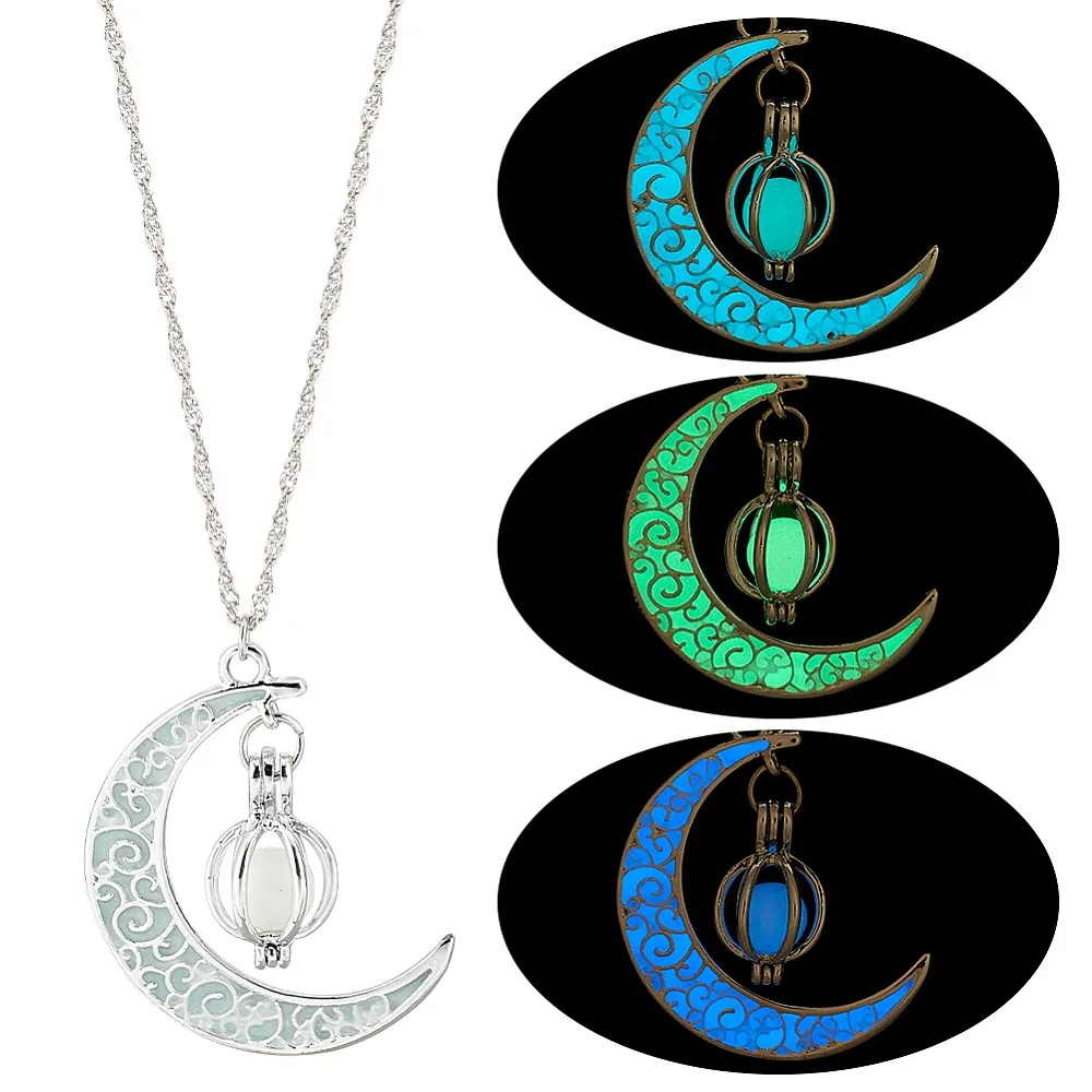 3Pcs 3 Colors Platinum Plated Alloy Crescent Moon Pendant Necklaces Set Glow in the Dark Luminous Stone Jewelry for Women view 3