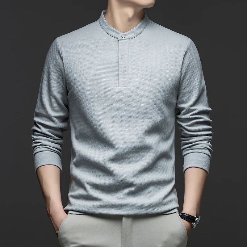

Весенне-осенняя футболка из чистого хлопка с длинными рукавами, мужской повседневный топ, дышащая футболка с небольшим воротником-стойкой, мужской топ среднего возраста