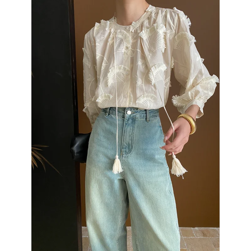 Women 3D Embroidered Round Neck Tassel Shirt Spring Fashion Top Loose Wild Sweet Vintage French Casual Daily Basic Lady Blouses