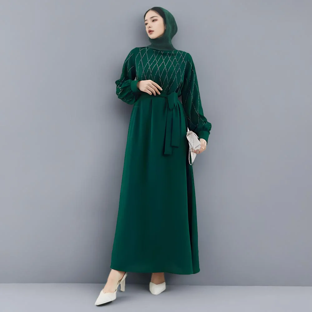 RIMAIRE 2024 New Fashionable Muslim Abaya with Diamonds Decoration Comfortable and Loose Islam Robe Modest Polyester Dresses