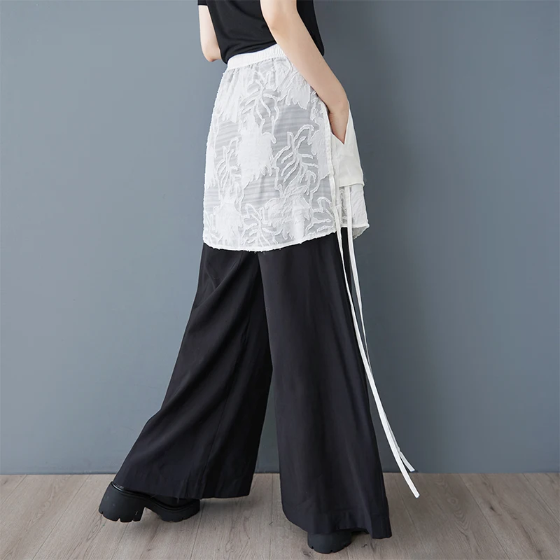 Casual kanten patchwork wijde pijpen broek elastische taille rechte snit ket ontwerp dames hoge taille lang katoen polyester mix