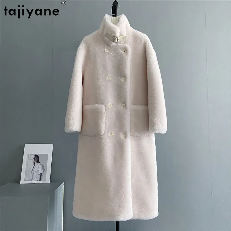 Tajiyane 100% Sheep Shearing Jacket for Women Autumn Winter Elegant Double-breasted Wool Coat Long Fur Coats Roupas Femininas