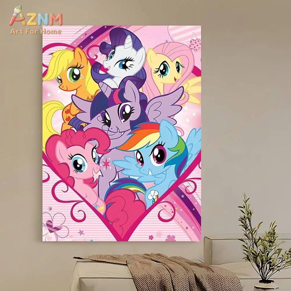 AZNM My Little Pony Cartoon-Leinwanddruck, ungerahmt, rosa Herz, Regenbogen-Pony-Charakter, Wandkunst, Kinderzimmer, niedliche Dekoration, Poster, Geschenk