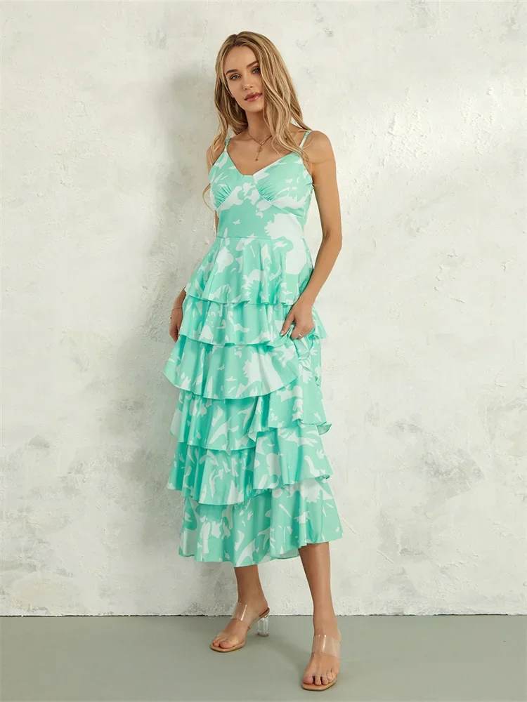 Women Floral Layered Ruffle Dress Spaghetti Strap A-line Long Dress Summer  Bohemian Beach Retro Dresses Y2K Aesthetic Clothes - AliExpress 200000345