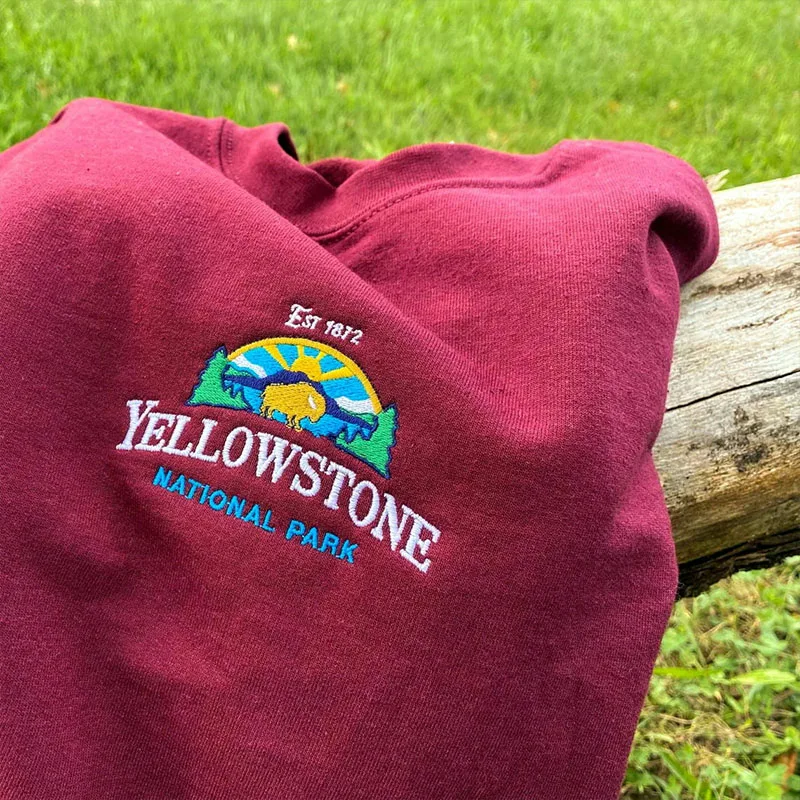 Yellowstone National Park Embroidered Wine Red Unisex Sweatshirts Long Sleeve Loose Cotton Crewneck Autumn Vintage Pullovers