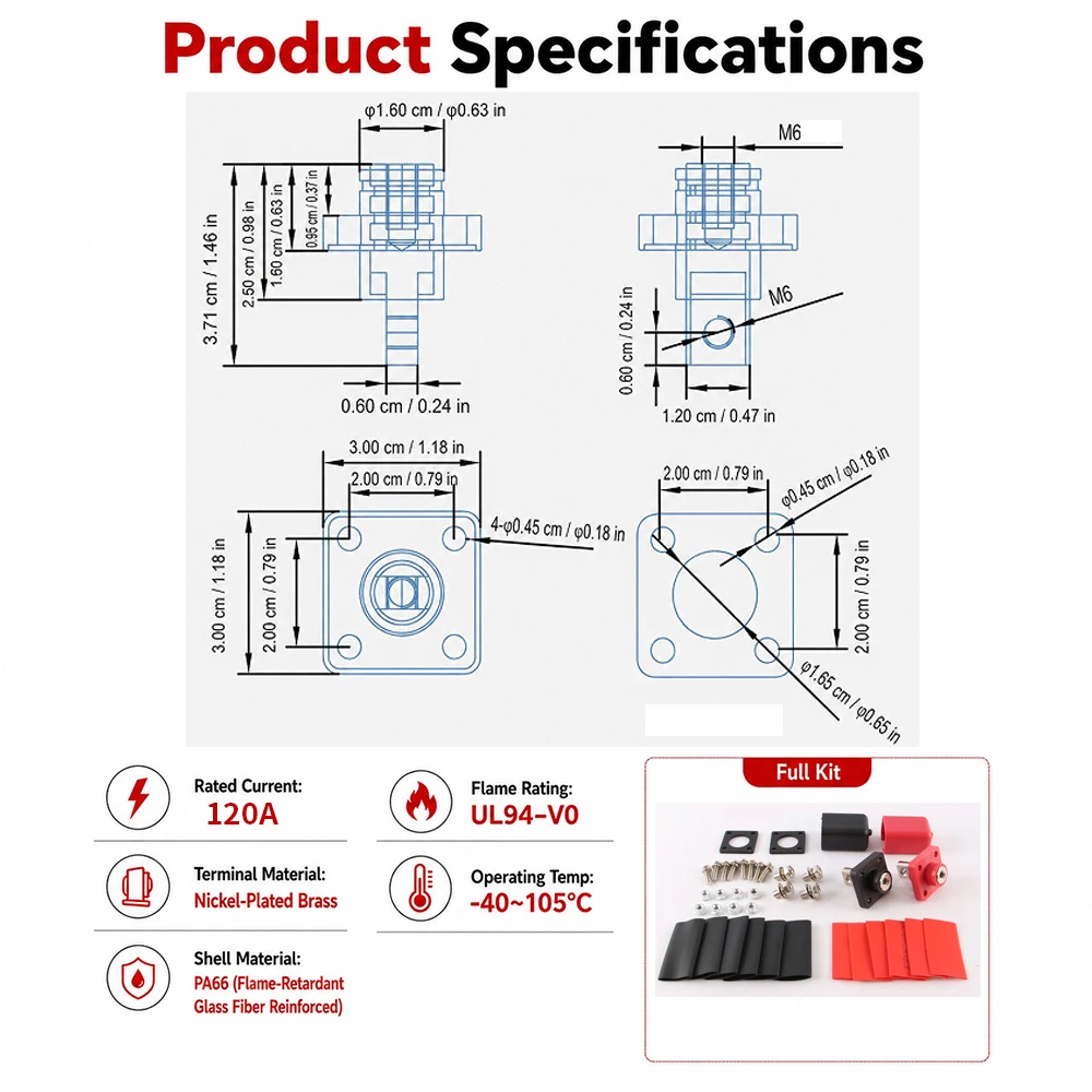 1 Paar 50A 80A 100A 120A 150A 200A Quadratische Vollkupfer-Hochstrom-Lithium-Energiespeicher-Steckverbinder für Wandmontage-Batterieanschlüsse – Detail 8
