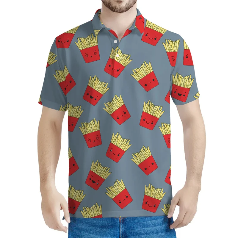 Cartone animato patatine fritte modello Polo uomo 3D stampato magliette bambini Casual Streetwear t-Shirt risvolto bottone maniche corte