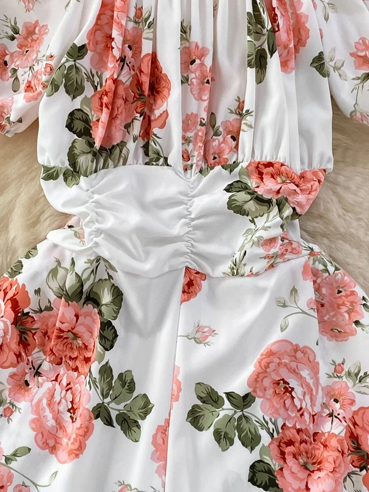 Summer Bohemian Women Square Collar Floral Printed High Waist Jumpsuit Beach Vacation Elegant Short Puff Sleeve Ruffle Romper