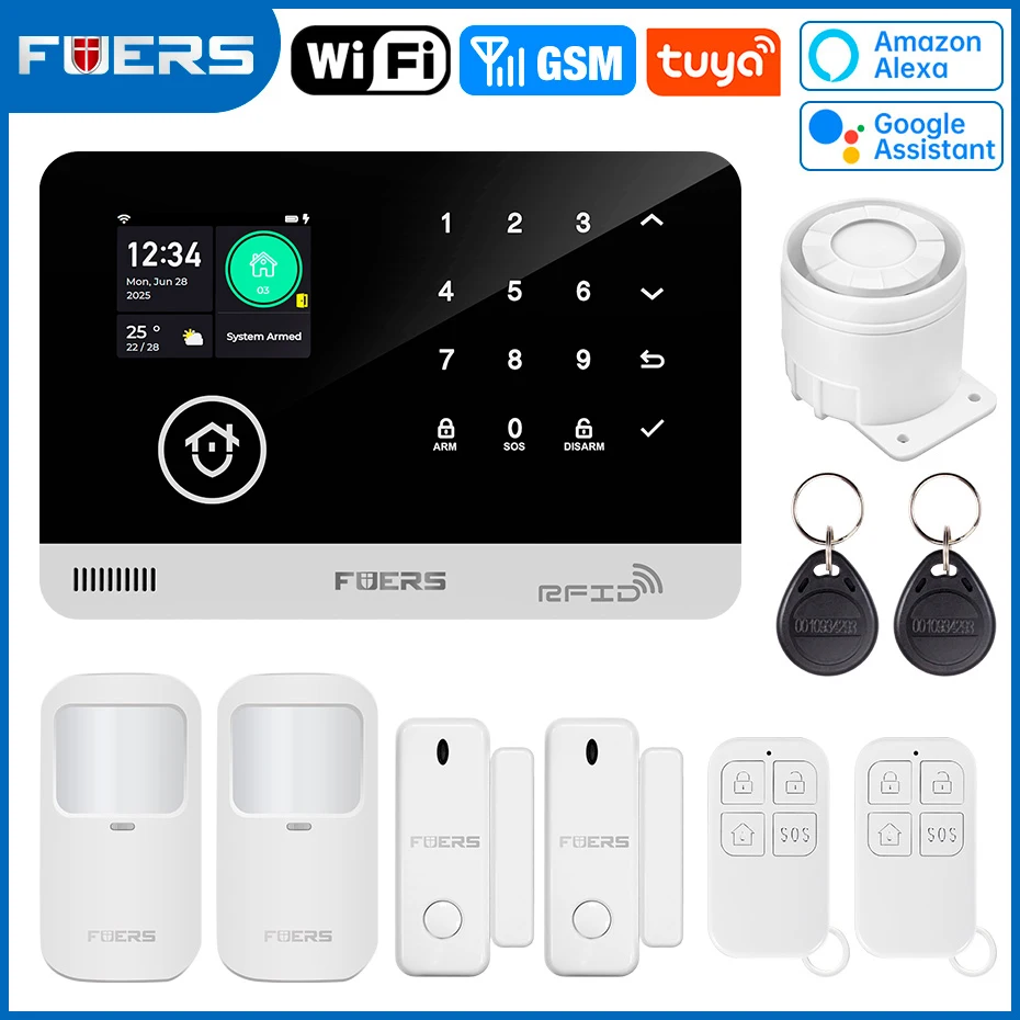 FUERS Alarmsysteem voor thuis WIFI GSM Beveiligingsalarm Host Ant-diefstal met deurbewegingssensor Tuya Smart App-bediening werk Alexa