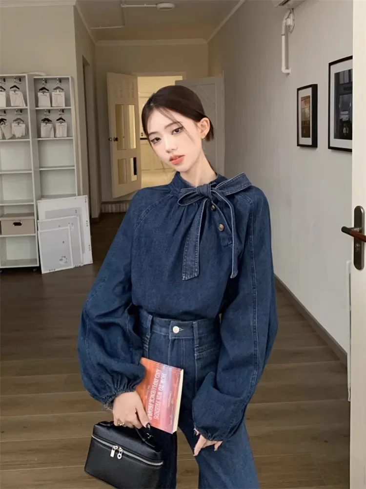 Ezgaga Denim Shirts Women Bow Bandage Puff Long Sleeve O Neck Button Vintage Fashion Ladies Blouse Elegant Tops Casual