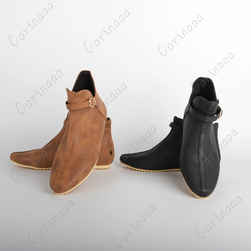 Renaissance Middeleeuwse Mannen Viking Knight Prins Schoenen Vintage Bruin Gesp Lederen Laarzen Korte Platte Schoenen Cosplay Piraat Kostuum