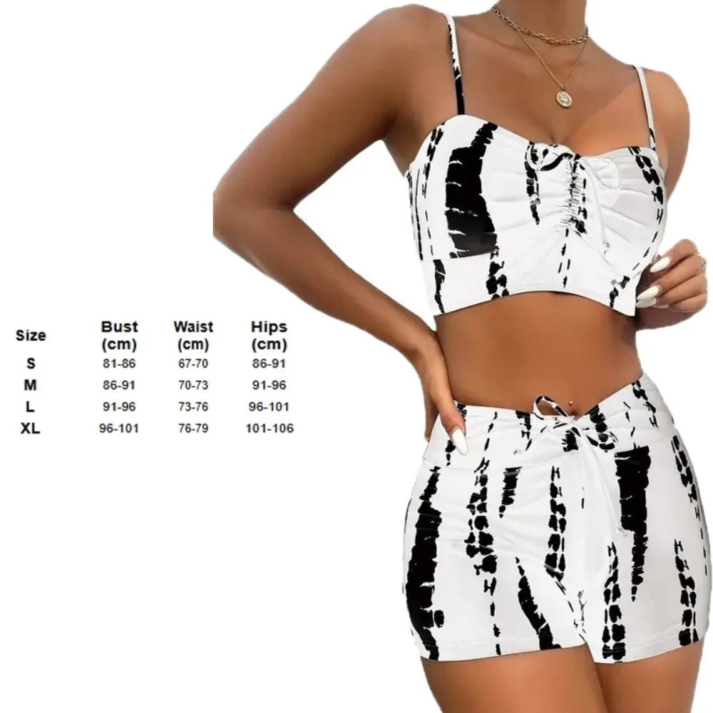 Tie Dye High-Waist Bikini Set Flat Angle High Waist Shorts Trendy Swimwear Sexy Design Cross-Border Drawstring Swimsuit Bathing